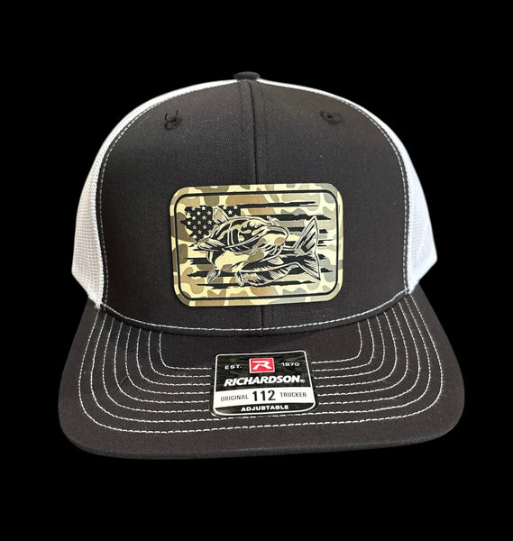 American Flag with Catfish Rectangle Duck Camo Premium Leatherette Hat