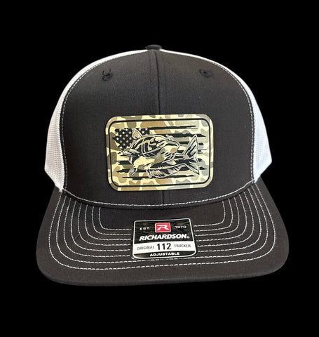 American Flag with Catfish Rectangle Duck Camo Premium Leatherette Hat
