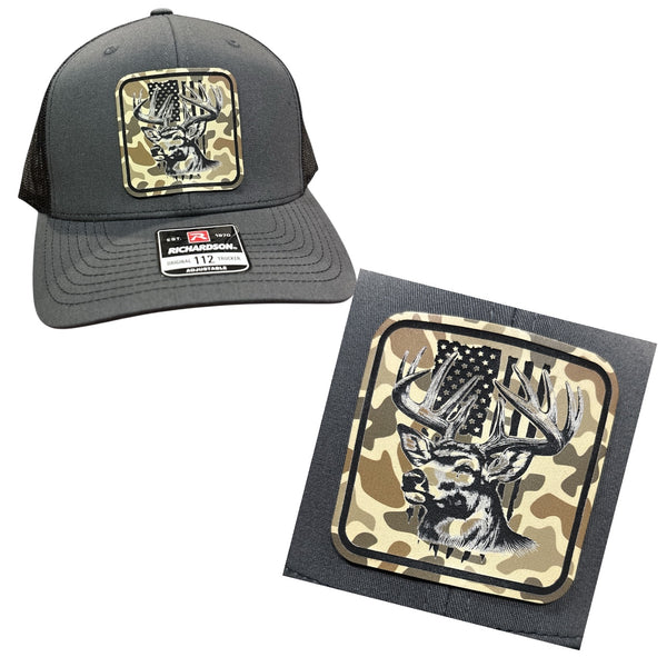 Whitetail Buck with American Flag Square Duck Camo Premium Leatherette Hat