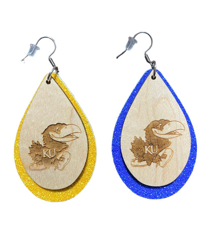 Layered Jayhawks Engraved Earrings with Glitter Canvas