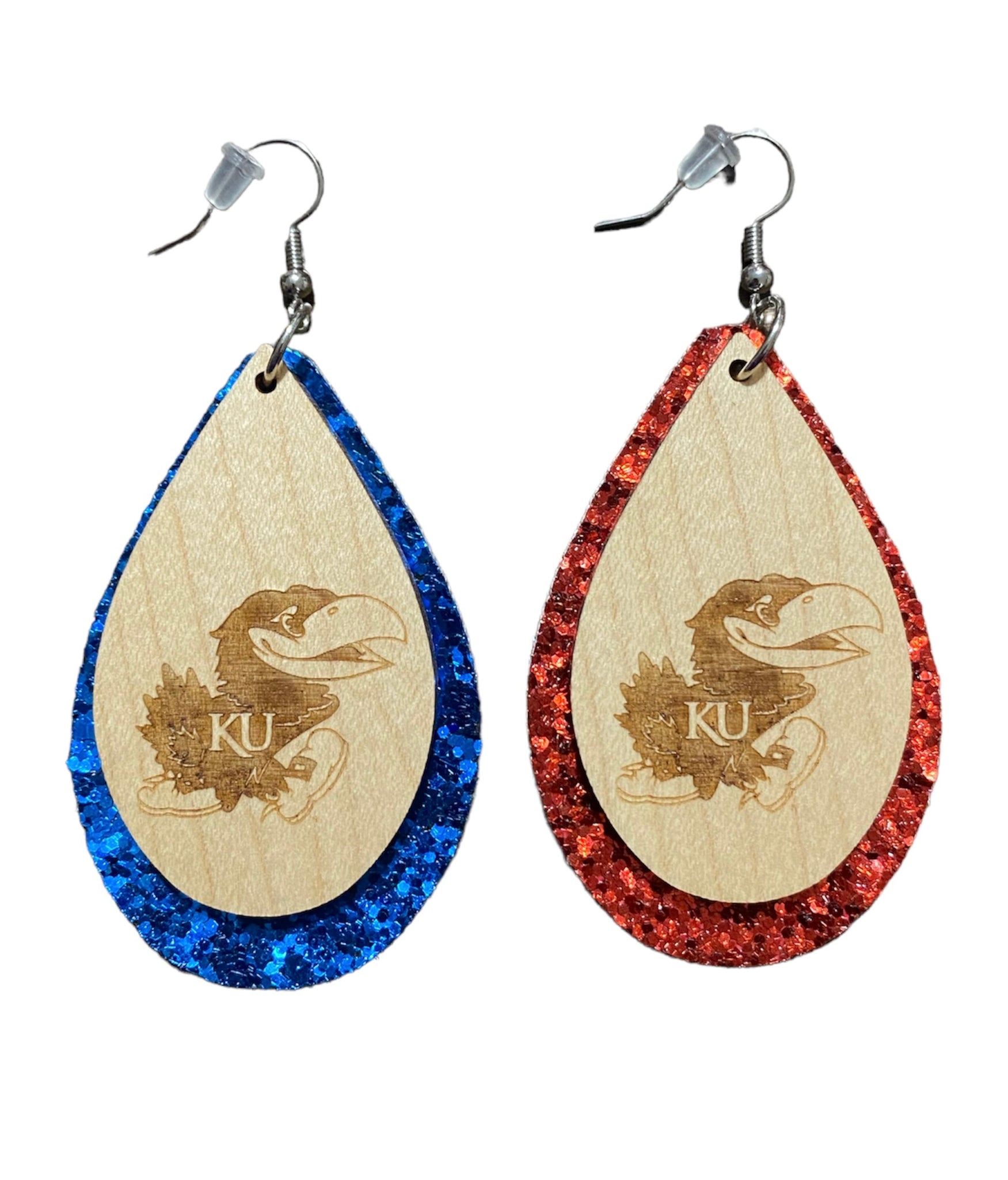 Layered Jayhawks Engraved Earrings with Faux Leather