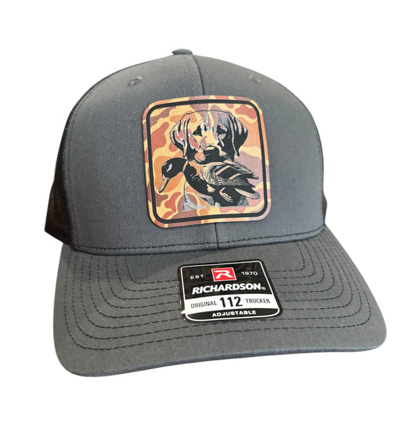 Lab Duck Hunting Square Drake Camo Premium Leatherette Hat