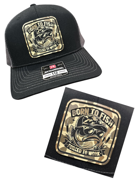 Born to Fish - Forced to Work Square Duck Camo Premium Leatherette Hat
