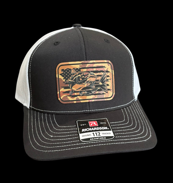 American Flag with Catfish Rectangle Duck Camo Premium Leatherette Hat