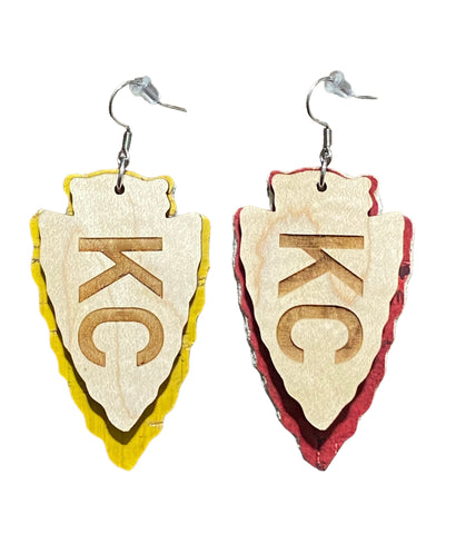 Kansas City Layered Arrowhead Engraved Earrings with Genuine Leather