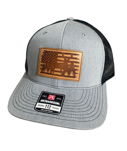 American Flag with Whitetail Deer Rectangle Leather Patch Hat