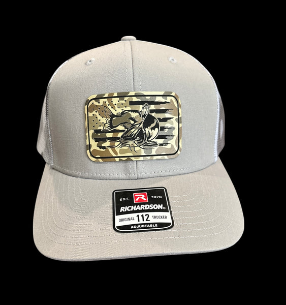 American Flag with Catfish Rectangle Duck Camo Premium Leatherette Hat