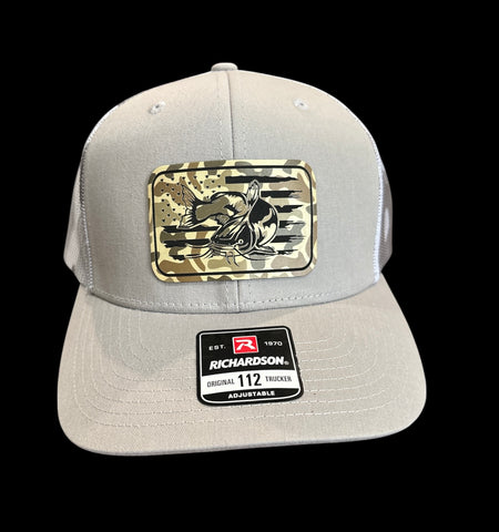 American Flag with Catfish Rectangle Duck Camo Premium Leatherette Hat