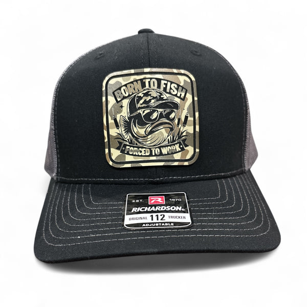 Born to Fish - Forced to Work Square Duck Camo Premium Leatherette Hat