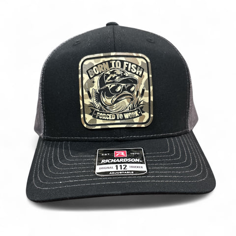 Born to Fish - Forced to Work Square Duck Camo Premium Leatherette Hat