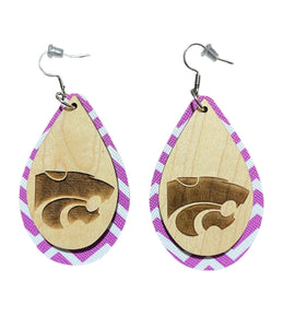 Kansas State Layered Powercat Engraved Earrings with Faux Leather