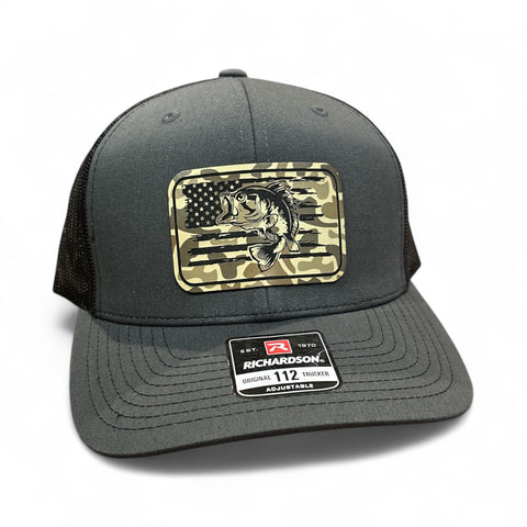 American Flag with Bass Rectangle Duck Camo Premium Leatherette Hat