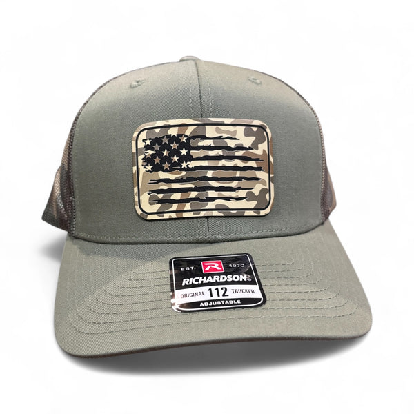 American Flag Rectangle Duck Camo Premium Leatherette Hat