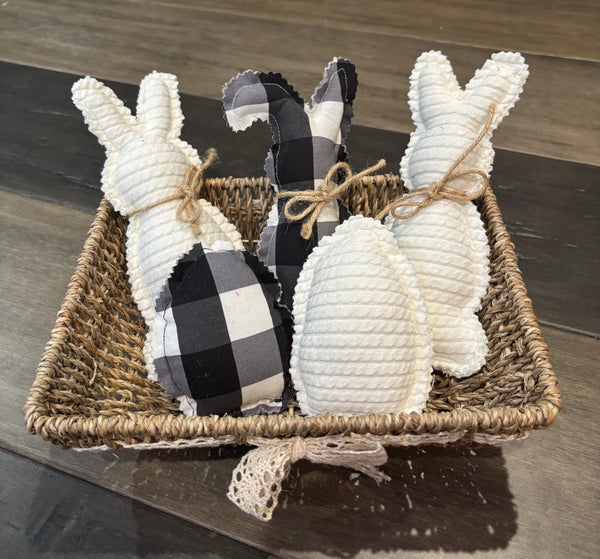 Farmhouse Fabric Bunnies - Set of 3 with 2 eggs