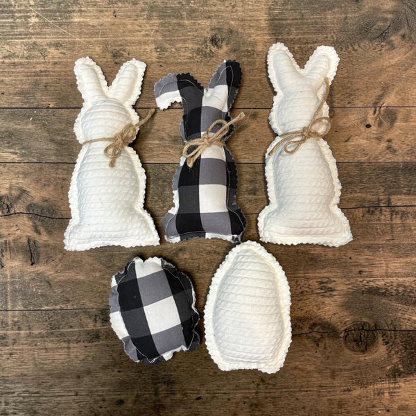 Farmhouse Fabric Bunnies - Set of 3 with 2 eggs