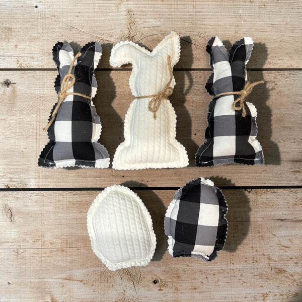 Farmhouse Fabric Bunnies - Set of 3 with 2 eggs