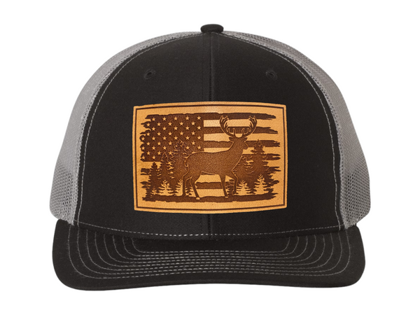 American Flag with Whitetail Deer Rectangle Leather Patch Hat