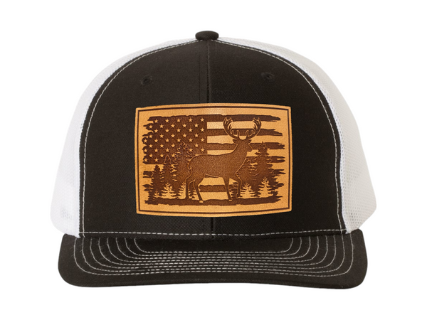 American Flag with Whitetail Deer Rectangle Leather Patch Hat