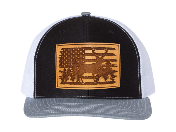 American Flag with Whitetail Deer Rectangle Leather Patch Hat