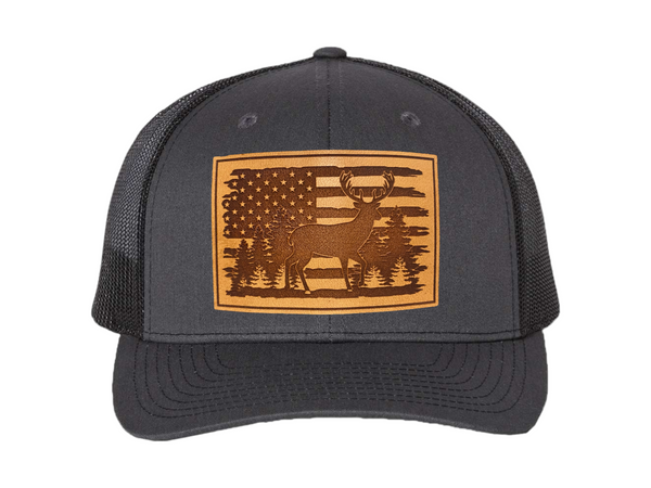 American Flag with Whitetail Deer Rectangle Leather Patch Hat