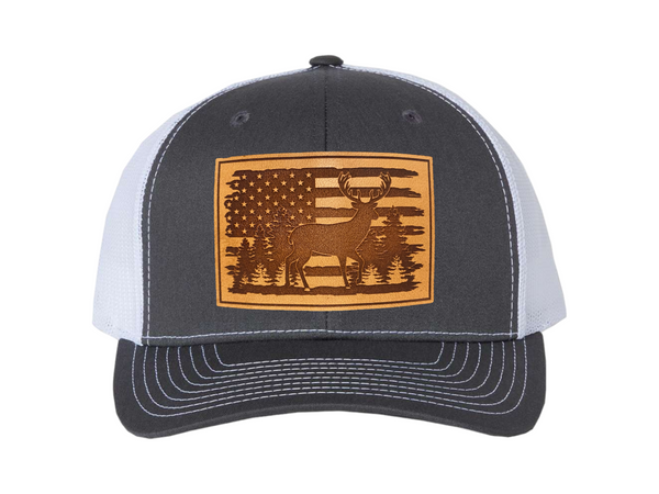 American Flag with Whitetail Deer Rectangle Leather Patch Hat