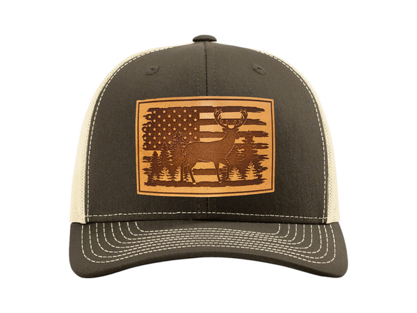 American Flag with Whitetail Deer Rectangle Leather Patch Hat