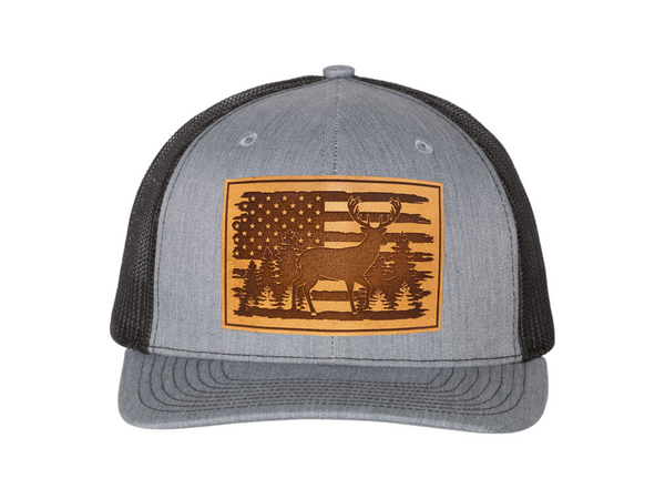 American Flag with Whitetail Deer Rectangle Leather Patch Hat