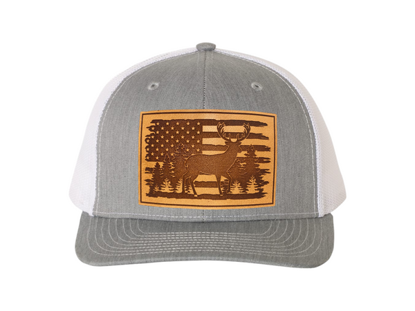 American Flag with Whitetail Deer Rectangle Leather Patch Hat