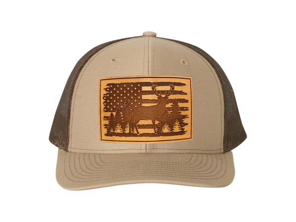 American Flag with Whitetail Deer Rectangle Leather Patch Hat