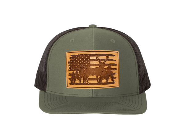 American Flag with Whitetail Deer Rectangle Leather Patch Hat