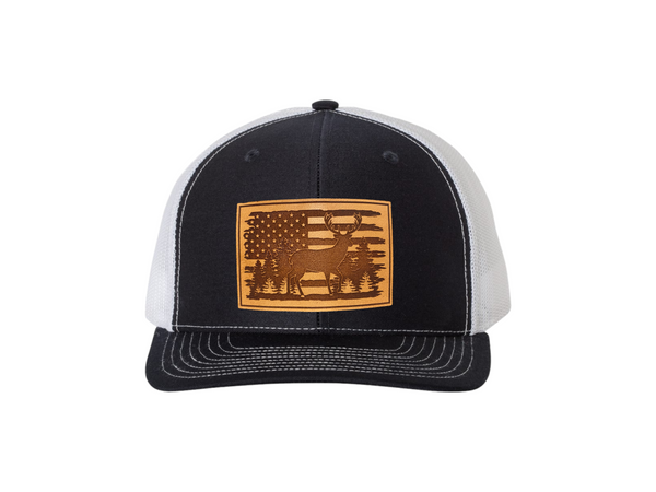 American Flag with Whitetail Deer Rectangle Leather Patch Hat