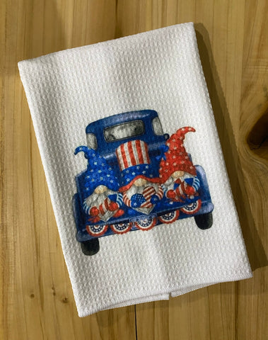 Red White and Blue Truck Gnomes Waffle Weave Towel
