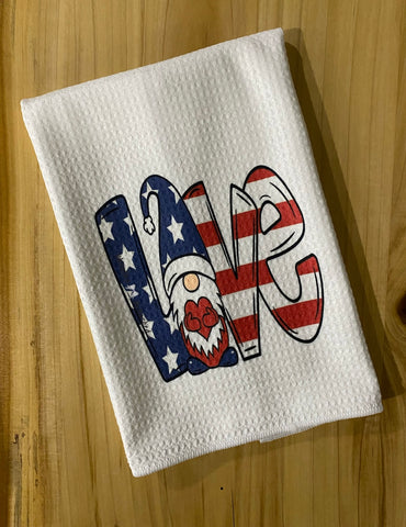 Red White and Blue Love Gnome Waffle Weave Towel